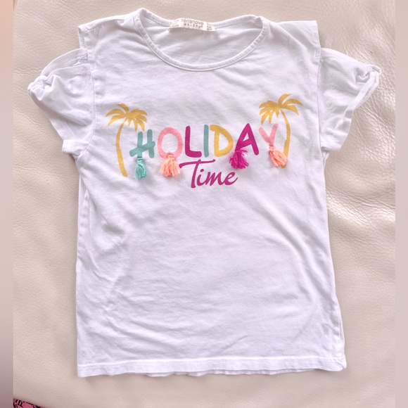 5/$20💥9 Cold Shoulder 'Holiday Time' T-Shirt, Fringe Detail Short Sleeve w Bows - Picture 3 of 9